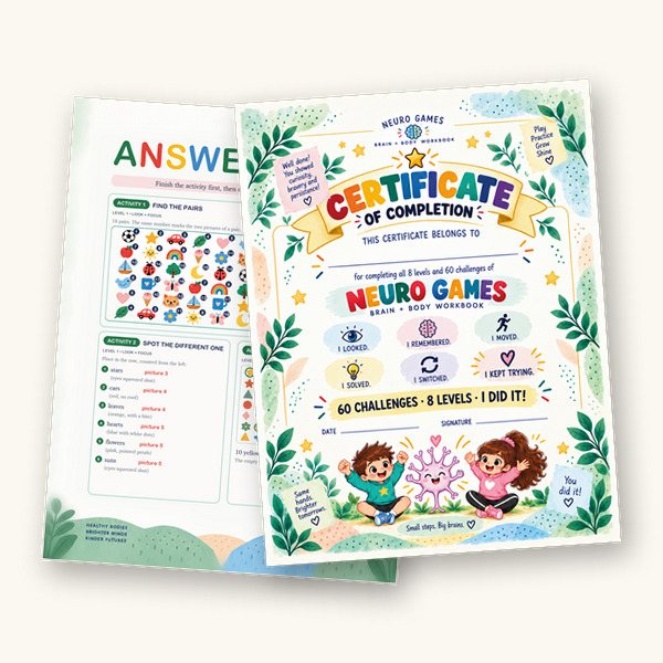 An answer key page and the Neuro Games certificate of completion