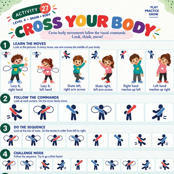 Workbook page Cross Your Body: children doing moves and rows of move icons