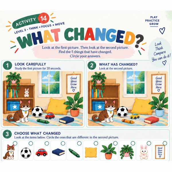 Workbook page What Changed?: two room pictures and items to circle